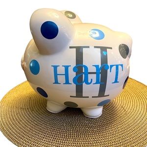 Personalized Piggy Bank Ceramic Hart Blue Grey Navy NEW